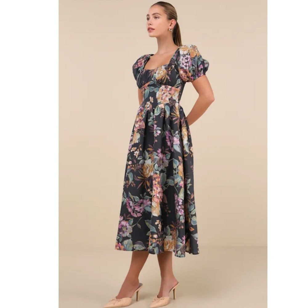 Lulus Adorable Tendencies Dark Grey Floral Puff Sleeve Midi Dress Size Large NWT - Picture 8 of 9